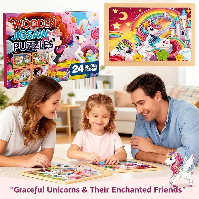 Wooden Puzzles for Kids Ages 3-5, Wood Jigsaw Puzzles, Unicorn Theme Educational Toys Birthday Gifts for Girls 3 4 5 6 7 8 9 Years Old (Unicorn 24 Pieces)