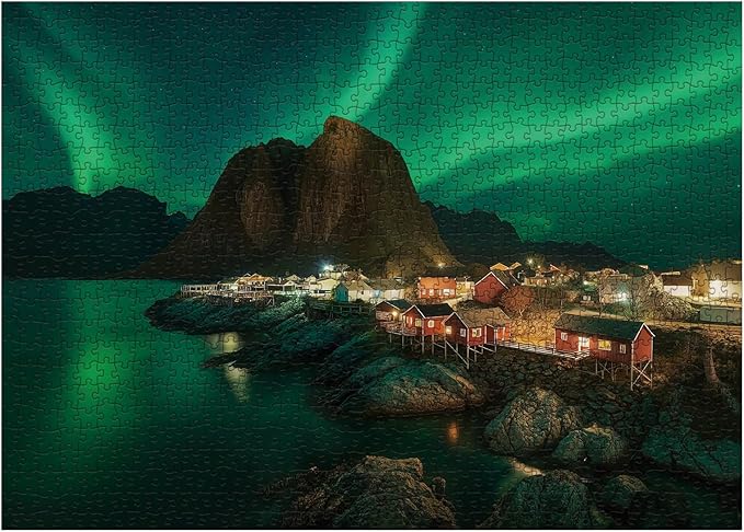 Magic Northern Lights Landscape Puzzles for Adults 1000 Pieces, Colorful Nature Aurora Norway Jigsaw Puzzles, Beautiful Mountain Scenic Cabin River Puzzle