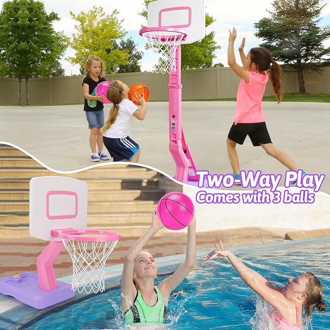Qirptey Toddler Girl Basketball Hoop Indoor Pink Adjustable Mini Basketball Goal with Ball Pump for Outdoor Poolside Toys Backyard Game Outside Basketball Toy for Kids Age 3-5 6 7 4-8 Birthday Gift