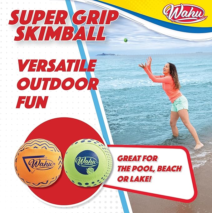 Wahu Super Grip 100% Waterproof Skimball Set, Pack of 2 Water Skipping Balls for Pool and Beach, Skips Over 150' on Water, Green/Orange