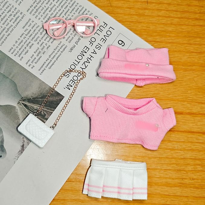 Doll Clothing Set (No Doll), Cute Cropped Straw Hat, Crossbody Bag, Dress, Suitable for 15-17cm Dolls, Outfit Accessory Set for Unique Styling (Pink-5PCS)