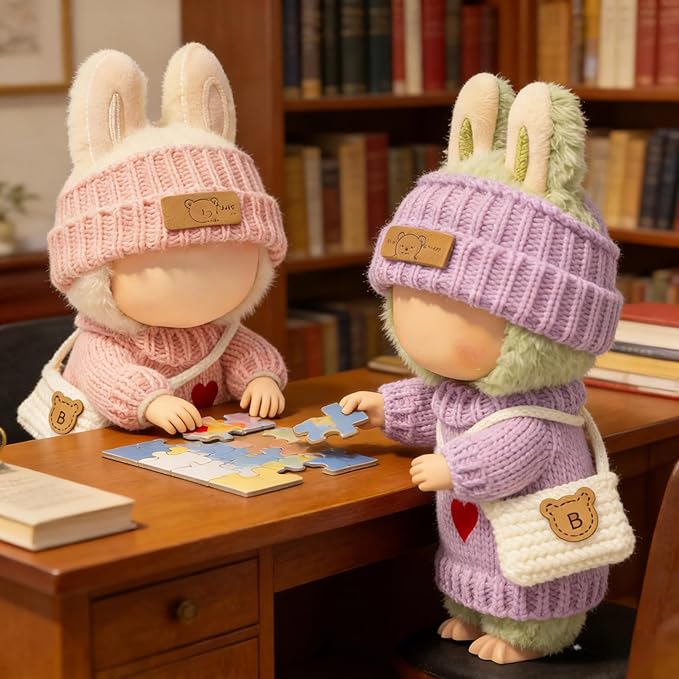 (2 Pack) Clothes for LABUBU 17cm Doll, 6-Piece Handcrafted Crochet Accessories for LABUBU, Premium Outfits for LABUBU Unique Dress up - Heart Sweater + Hat + Bag (Pink & Purple)
