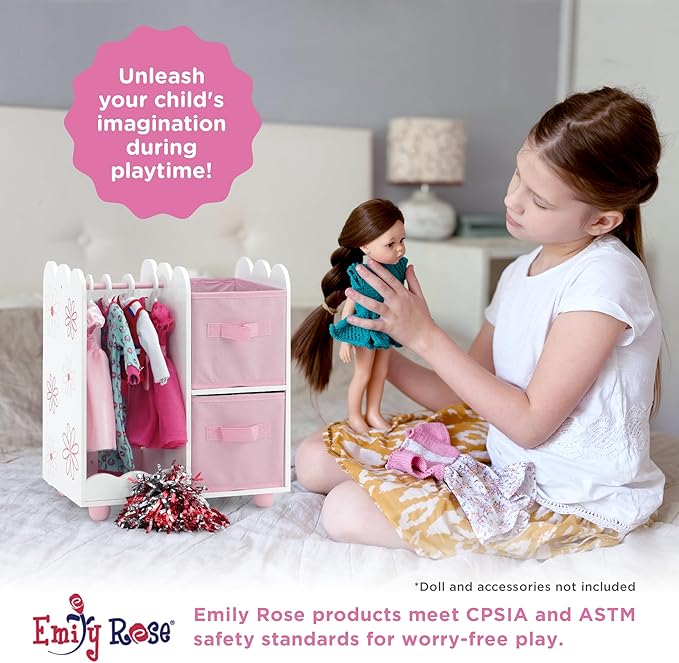 Emily Rose 18 Inch Doll Wardrobe Closet Organizer - Open Storage Armoire with Clothes Hangers & Bins - Wooden Furniture for American Girl Dolls - Floral Design