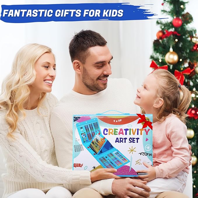 All in One Art Supplies, Art Kit Includes Origami & Paper-Cutting Crafts, Easel, Colored Pencils, Crayons, Drawing Book, Coloring Book, Watercolor Markers and More, Art Set for Kids Girls Boys, Blue