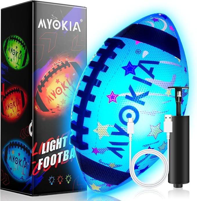 RGB Rechargeable Waterproof Light Up Football Birthday Gift for Kids & Teens 3-15+, Glow in The Dark Ball with Pump & USB Cable, Tri-Color (Red, Green, Blue), Size 6, Outdoor Night Games