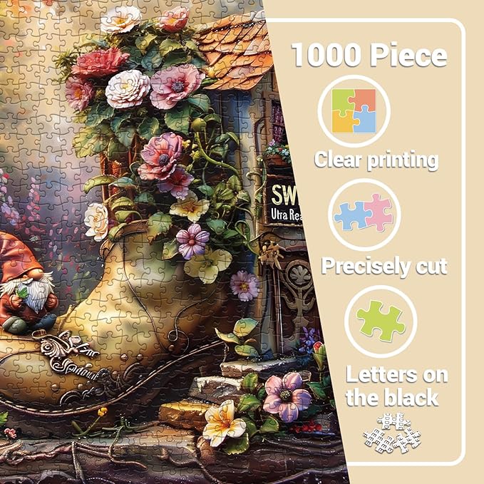 Magic Flower House Gnome Puzzles for Adults 1000 Pieces, Funny Elf Jigsaw Puzzles for Adults, Fantasy Art Nature Puzzles