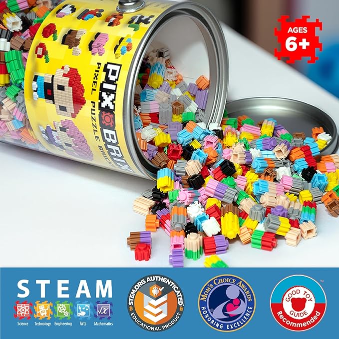 Pix Brix Pixel Art kit Puzzle Bucket - 1,500-Piece Kit with 12-Color Medium Palette – Patented Interlocking Building Bricks for 2D and 3D Creations – STEM Toy for Ages 6+