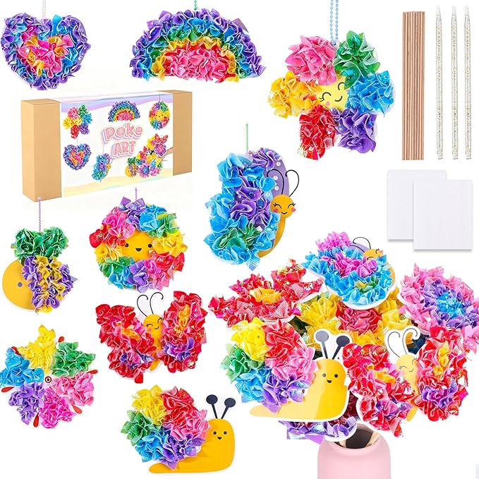 SOLDAY Poke Art Kits for Kids to Make Your Own Flowers Bouquet, Craft Kit with 6 Flowers, 8 Cute Hanging Charms, Mother Day Birthday Christmas Gift for Girls & Boys Ages 4-8