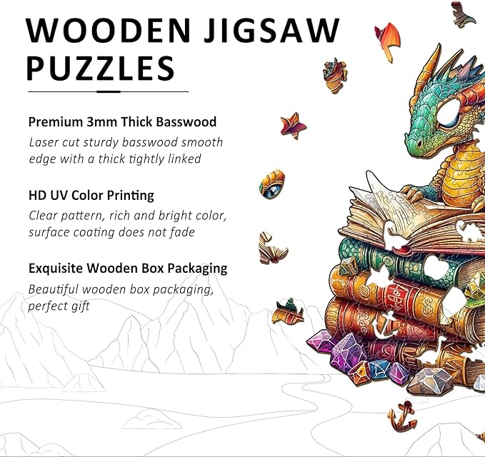 Wooden Puzzles for Adults - Reading Dragon Wood Puzzles Adult - Unique Animal Shape Wooden Jigsaw Puzzles for Adults - Birthday Gifts for Puzzle Lovers, Family (8.5 * 8.5in - 100 Pieces)
