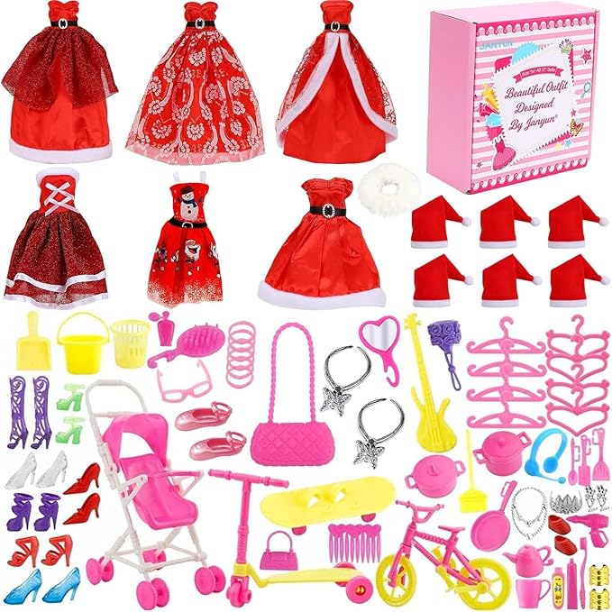 JANYUN Dresses Accessories, 6 Styles Christmas Doll Clothes with 6 Pcs Xmas Hats Party Gown Outfits Set for Doll and 98pcs Girl Dolls Shoes Necklace Bags Hanger Tableware Mirror