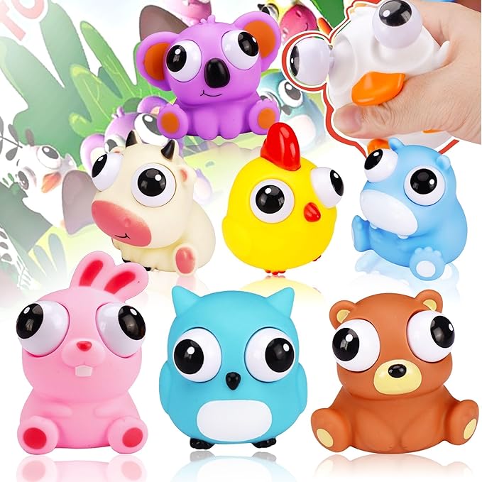 Animal Squeeze Toys with Pop Out Eyes Eye Popping Stress Relief Toy Balls Fun Fidget Gagdets for Kids Birthday Party Favors 8 Pack