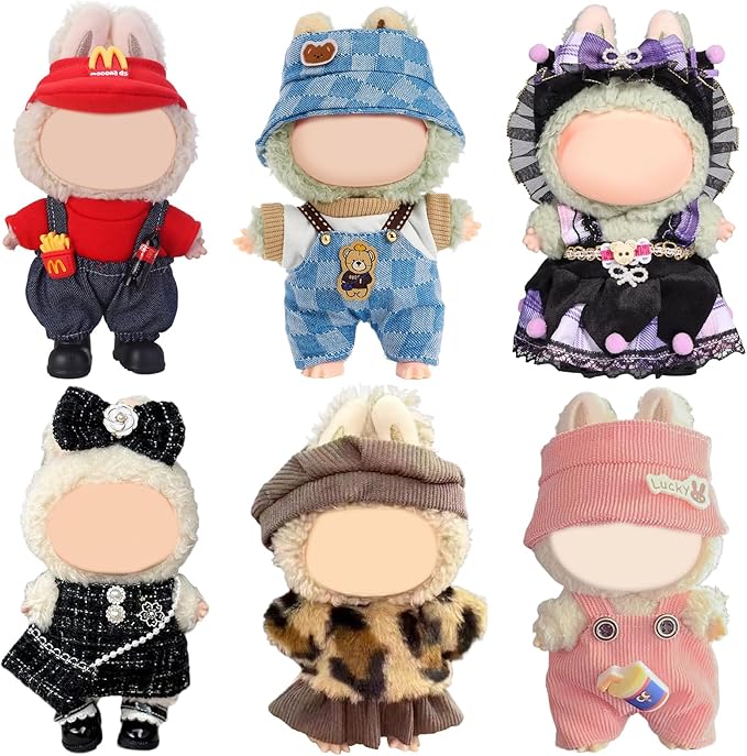 6 Pack Doll Clothes for LABUBU 17cm Doll, Exquisite Luxury Designer Outfits with Hats & Accessories, Cute Doll Clothing Set Suitable for Dress up Unique Style (No Dolls)