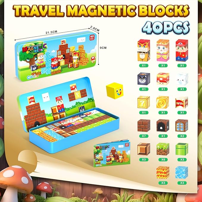 Coodoo Magnetic Blocks Travel Toys with Portable Metal Tin – Toddler Magnet Tiles Building Blocks STEM, Montessori Kids Toys for 3+ Year Old Boys & Girls, Classroom Must Haves, and Sensory Toys