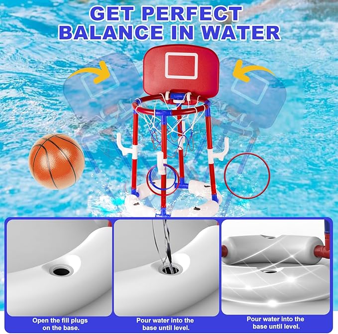 2-in-1 Floating Pool Basketball Hoop with Backboard, 4 Balls, 6 Rings & Pump, Stable Water Basketball Hoop & Ring Toss Pool Games for Ages 4-12, Summer Fun & Outdoor Indoor Family Pool Toys