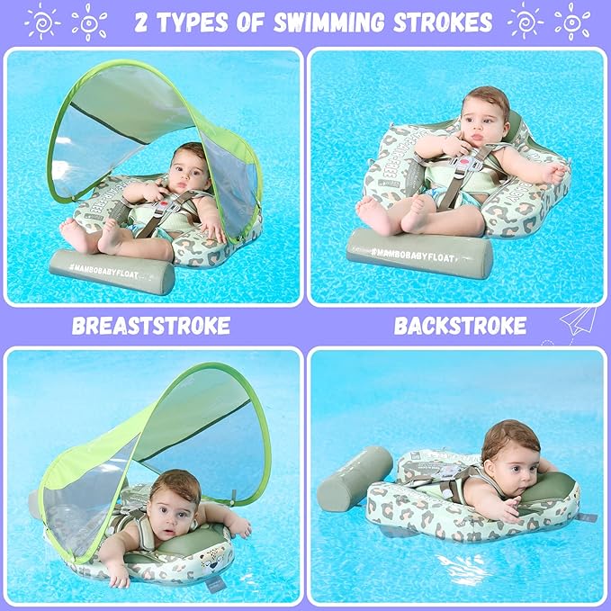 Mambobaby Baby Swim Float with Canopy Non-Inflatable Infant Pool Float with Tail 3-24 Months Avoid Flip Solid Skin-Friendly Material for Toddler Boys Girls