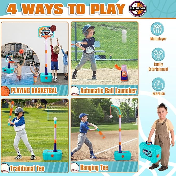 4 in 1 Toddler Basketball Hoop and T Ball Set - Adjustable Kids Basketball Goal Baseball Tee with Pitching Machine - Christmas Birthday Indoor Outdoor Sport Toy Games Gifts for Boys Girls Age 3-5