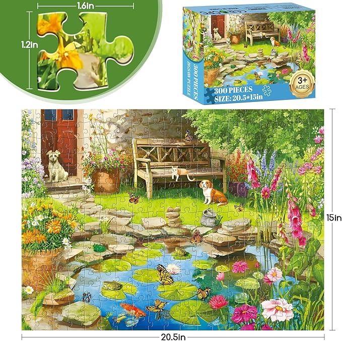 300 Piece Puzzles for Adults,Garden Lily Pond Puzzle for Adults Kids Seniors,Large Piece Fun Chair Cat Puzzle for Kids 8-10 10-12,Challenging Dog Butterflies Puzzles Perfect for Game Nights,20.5x15 in