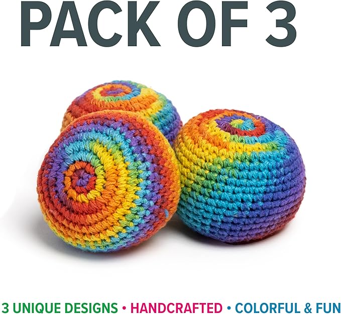 BOONI Handmade Crocheted Footbag- Pack of 3 – Durable Woven Cotton Kick Ball for Style Games, Juggling, Tricks & Outdoor Games - Great as Stress Relief Fidget Toys– Made in Nepal