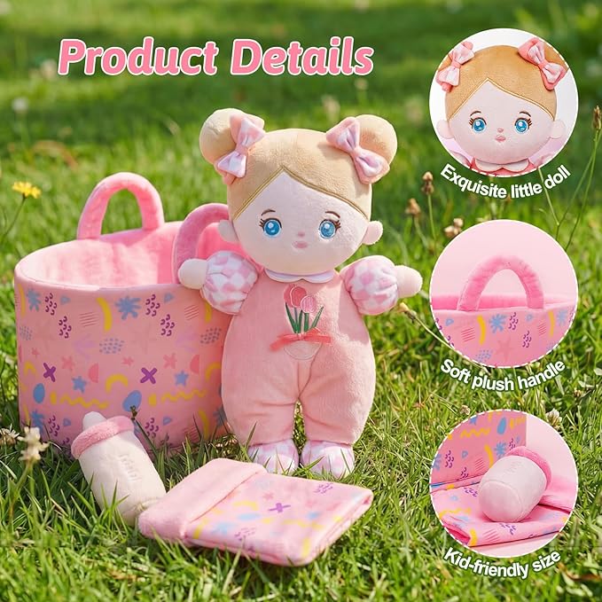 OUOZZZ Baby Doll Accessories with Soft Doll, Bassinet, Blanket and Bottle, Interactive Pretend Playset for Social Emotional Learning, Perfect Birthday Toy & Gift for 2 Year Old Girls