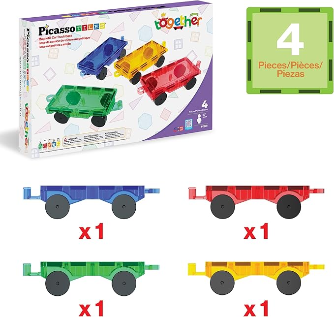 PicassoTiles 4PC Magnetic Tiles Car Truck Base Construction Building Accessory Toy Yellow, Red, Green & Blue Compatible with Magnet Tile Sets Educational STEM Learning Build Kits Boys & Girls PT201
