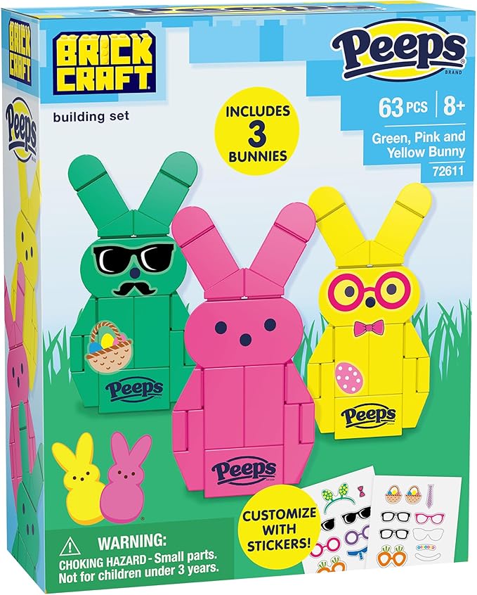 Brickcraft Peeps Bunny Building Set, Easter Brick Figures 3 Pack in Pink Yellow and Green, 63 Piece Building Toy, Ages 8 Plus, Spring Holiday Display Models, Official Peeps Licensed Set with Stickers