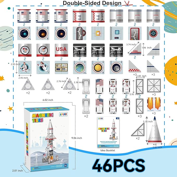 Magnetic Tiles Space Rocket Set,46 PCS Magnetic Building Blocks for Kids 3+, STEM Learning Toys, Safe & Durable Creative Construction Play, Gift for Boys & Girls