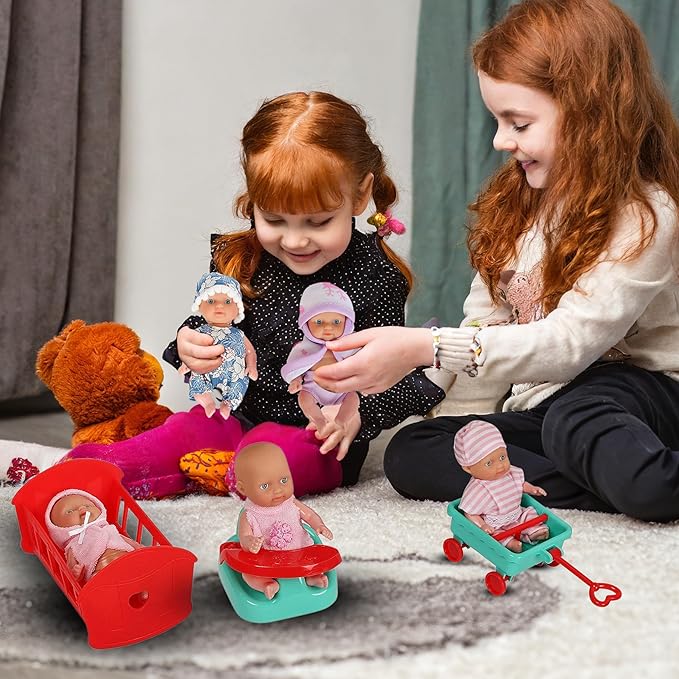 fash n kolor, 6 Mini Doll Set - 5" Inch Baby Girl Toy - Princess Toys Dolls - Baby Doll Crib, High Chair, Bathtub, Horse See Saw, Wagon and Bike Accessories - Dolls for 3+ Year Old Girls