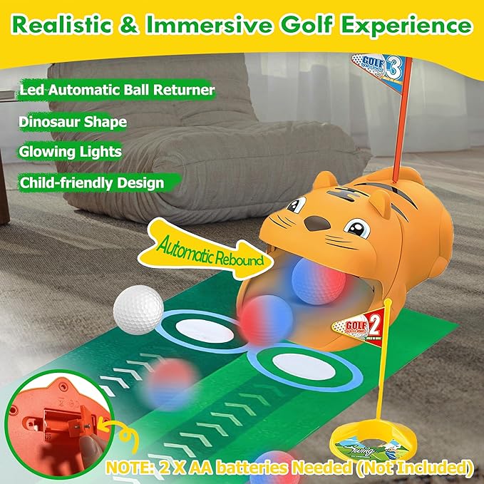 Toddler Golf Set with Tiger Automatic Returner, LED Light Up Balls, 3 Clubs, Putting Mat, BPA-Free 3-8 Years Kids Golf Set Yard Game Indoor Outdoor Sports Toys for Boys Girls Birthday Gifts