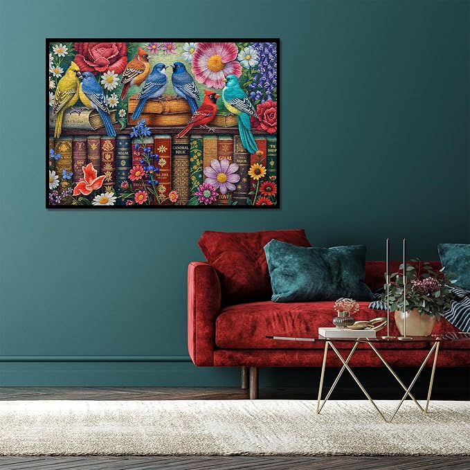 Flower Birds Puzzles for Adults 1000 Pieces, Wildflowers Bookshelf Jigsaw Puzzles, Challenging Spring Animal Puzzle as Home Wall Art Decor