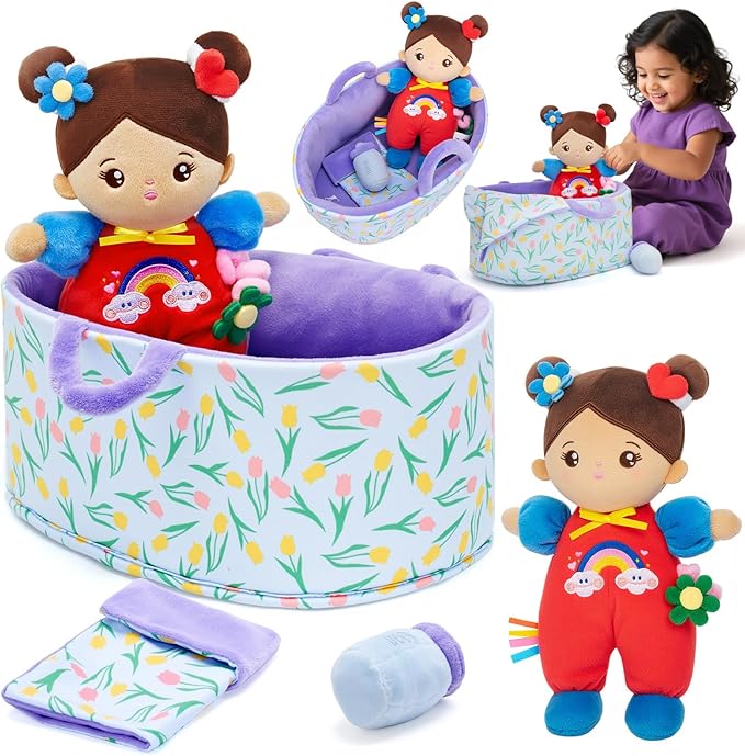 OUOZZZ 10" Soft Baby Doll Set, Hispanic Baby Doll Accessories Pretend Playset Doll for 2 Year Olds Girls Social Emotional Learning Birthday Gift for 2 Year Olds Girls