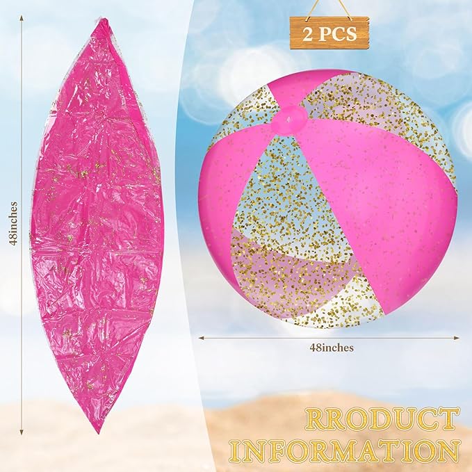 Realspring 2 Pcs 48'' Giant Beach Balls for Swimming Pool 4 Ft Jumbo Glitter Confetti Inflatable PVC Pool Balls Large Summer Blow up Beach Toys for Adults Summer Outdoor Party Favor(Pink White)