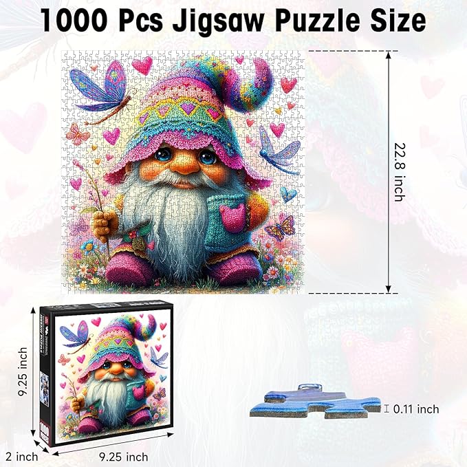 1000 Pieces Jigsaw Puzzles for Adults, Cute Gnome with Hearts & Butterflies Puzzle with Letters on Back, 22.8×22.8 Inch Hard Difficult Challenging Adult Puzzle for Gift & Home Decor
