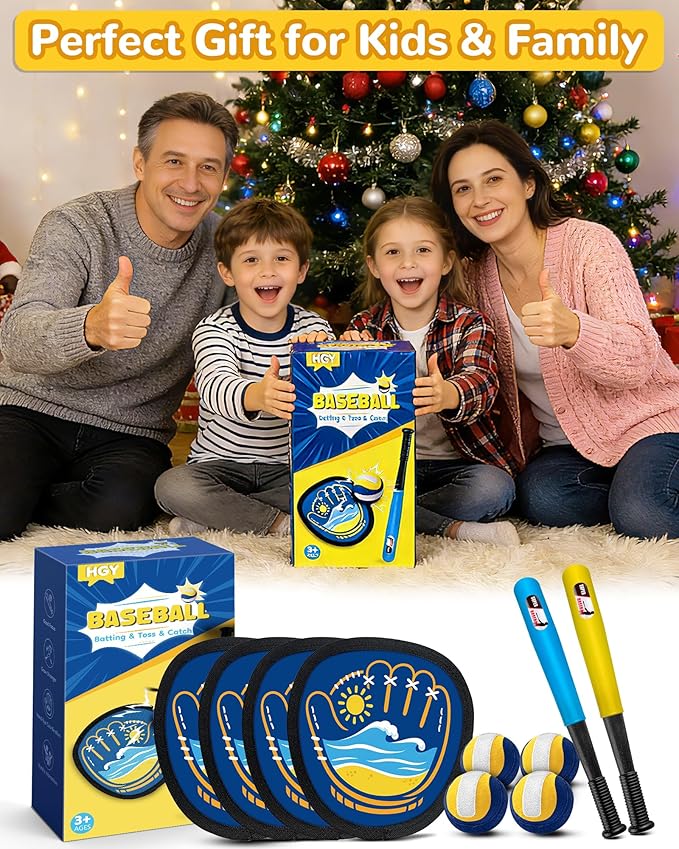 Toss and Catch Baseball Toys,Outdoor Sport Games for Kids and Family with Tball Bats and Toddler Baseball Glove and Sticky Soft Balls. Great for Yard Lawn Beach Pool and Indoor Fun