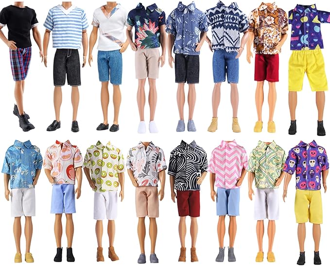 E-TING 15pcs Fashion Clothes Pack = 5pcs Casual Outfit + 5pcs Pants +5 Pairs Shoes for 12inches Boy Doll Random Style (Green Bomber Jacket + Daily Suit + Swimwear)