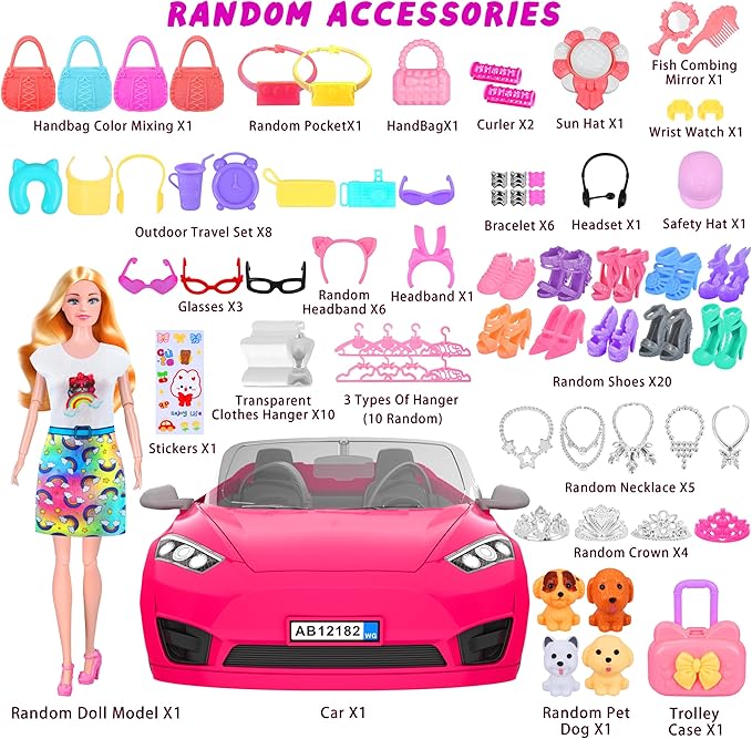 MINIFUN 91 Pcs Doll Convertible Car Set, Doll Clothes and Accessories, Doll Playset Dress up Toys for Girls Kids Toddlers, Gift Toys for Age 3 4 5 6 7 8