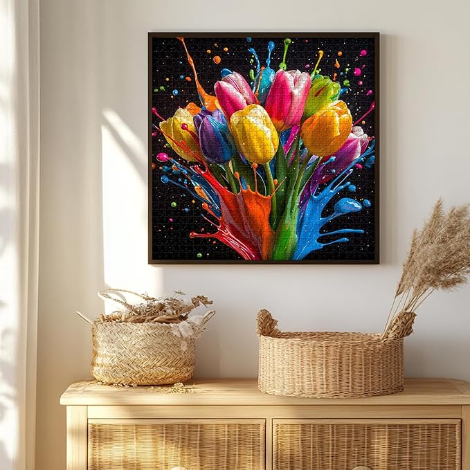 Gradient Tulips 1000 Piece Puzzle for Adults, PICKFORU Coloful Flowers Art Jigsaw Puzzles, Hard Challenging Spring Plant Theme as Wall Decor