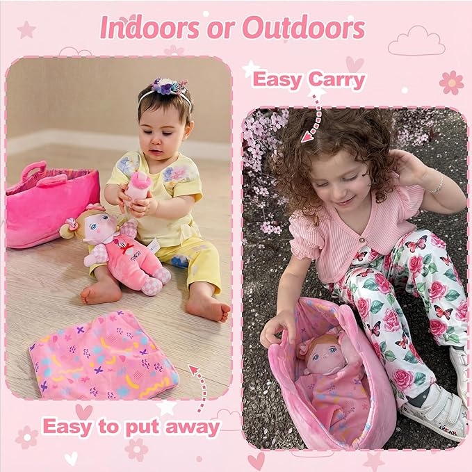 OUOZZZ Baby Doll Accessories with Soft Doll, Bassinet, Blanket and Bottle, Interactive Pretend Playset for Social Emotional Learning, Perfect Birthday Toy & Gift for 2 Year Old Girls