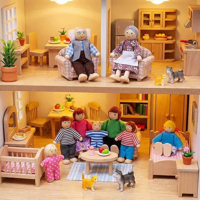 Skylety 20 Pcs Wooden Dollhouse Family Set of 16 Mini People Figures and 4 Pets, Wooden Dollhouse Dolls Cosplay Family Figures Accessories for Pretend Toy(Rustic Style)
