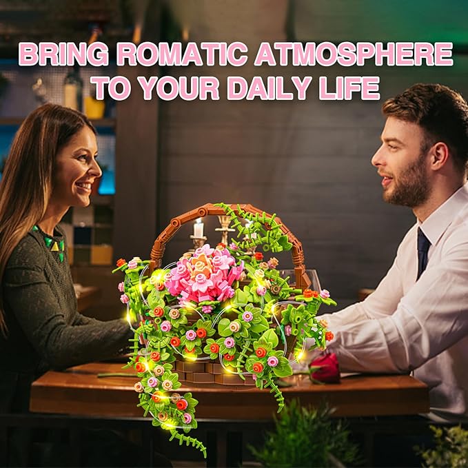 Flower Bouquet Building Set, Flowers Basket Bonsai Plants with Light, Botanical Collection Wall Decor, Creative Building Toy Gift for Adults (691 PCS)