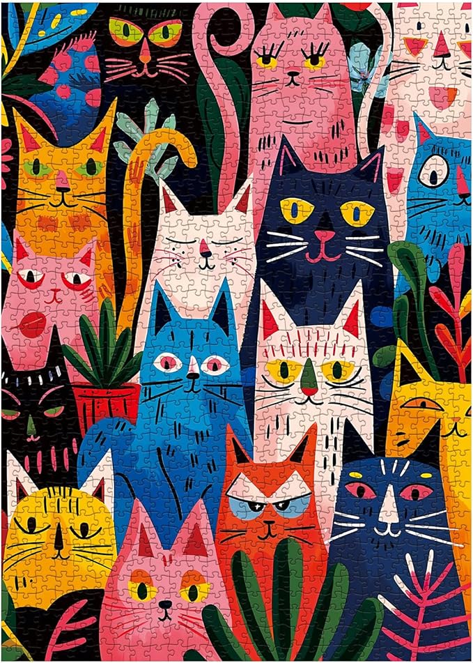 Colorful Cat Puzzle for Adults 1000 Pieces, Funny Animal Jigsaw Puzzle, Cute Kitten Plant Puzzle