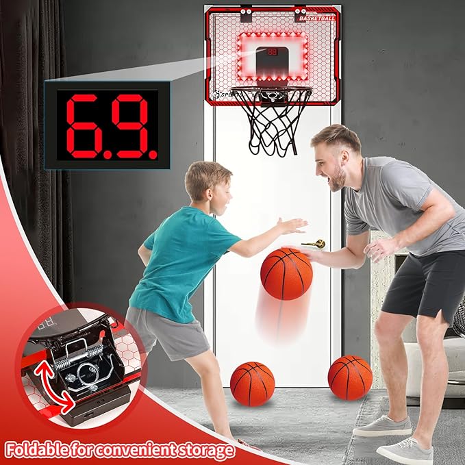 Basketball Hoop Indoor with LED Lights, Basketball Toys Gifts for 5 6 7 8 9 10+ Year Old Boys Kids, Indoor Over The Door Mini Basketball Hoops with Electronic Scoreboard & 3 Balls