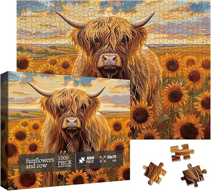 Beautiful Sunflower Highland Cow Jigsaw Puzzle 1000 Piece for Adult, Nature Animal Flower Painting Jigsaw Puzzles, Funny Art Plant Scenic Puzzle