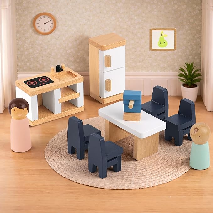 PairPear Wooden Toys Dollhouse Furniture Playset,Natural Wood Pretend Play Furnitures with Family Dolls,Dollhouse Accessories Toys Gift for Girls and Boys 3 Year and Up