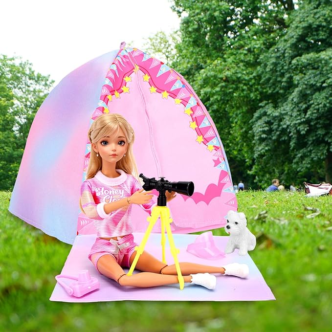 Miunana 35PCS Doll Camping Playset for 11.5" Girl Dolls - STEM Tent with Backpack, BBQ Grill & Stargazing Tools Pretend Play Outdoor Adventure Toy