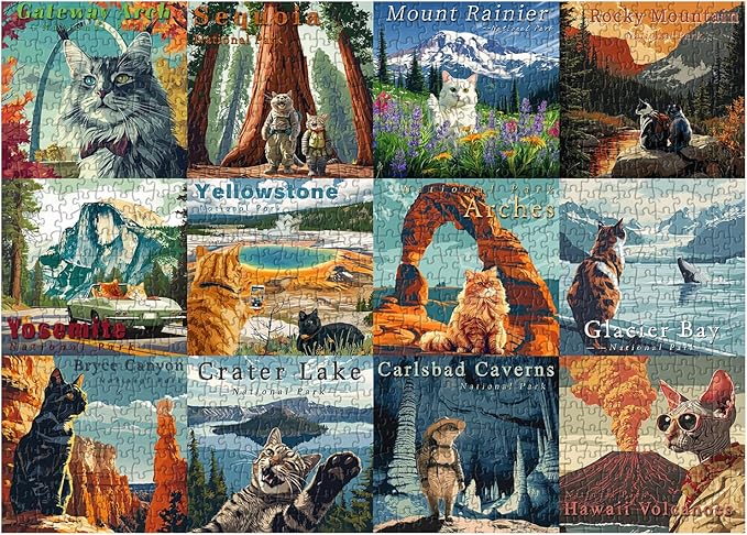 Cat Puzzles for Adults 1000 Pieces and up, National Parks Puzzle Series Kitty Travels Yellowstone Glacier, PICKFORU Funny Cat Jigsaw Puzzles as Home Decor