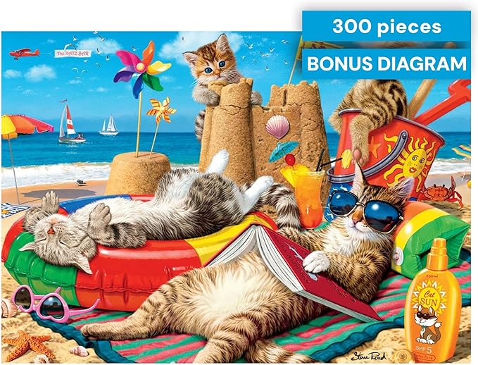 Buffalo Games - Beachcombers - Steve Read - 300 Piece Large Piece Jigsaw Puzzle for Adults - Playful Cat Beach Scene Puzzle with Oversized Pieces - Bonus Diagram Included - Finished Size 21.25 x 15.00