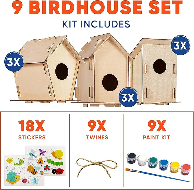9 DIY Bird House Kits For Children to Build - Wood Birdhouse For Kids to Paint - Unfinished Bird Houses for Kids - Wood Craft Project Kits - Spring Crafts for Girls & Boys, Classroom & Spring Activity