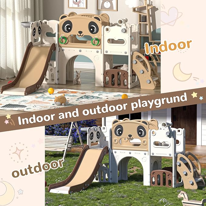9 in 1 Toddler Slide and Climber Playset Indoor Outdoor Kids Slide with Basketball Hoop,Telescope and Storage Space, Freestanding Backyard Playground for Children Age 1-6