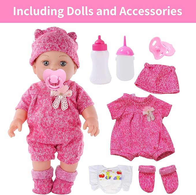 DONTNO 12 Inch Baby Doll with Clothes and Accessories, Reborn Alive Baby Doll Feeding and Caring Set with Baby Bottles Diaper Nipple for Little Girls Pretend Play Set
