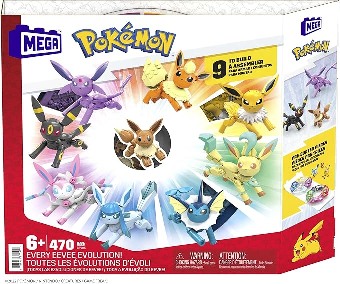 MEGA Pokémon Building Toys Set Every Eevee Evolution with 470 Pieces, 9 Poseable Characters, for Kids
